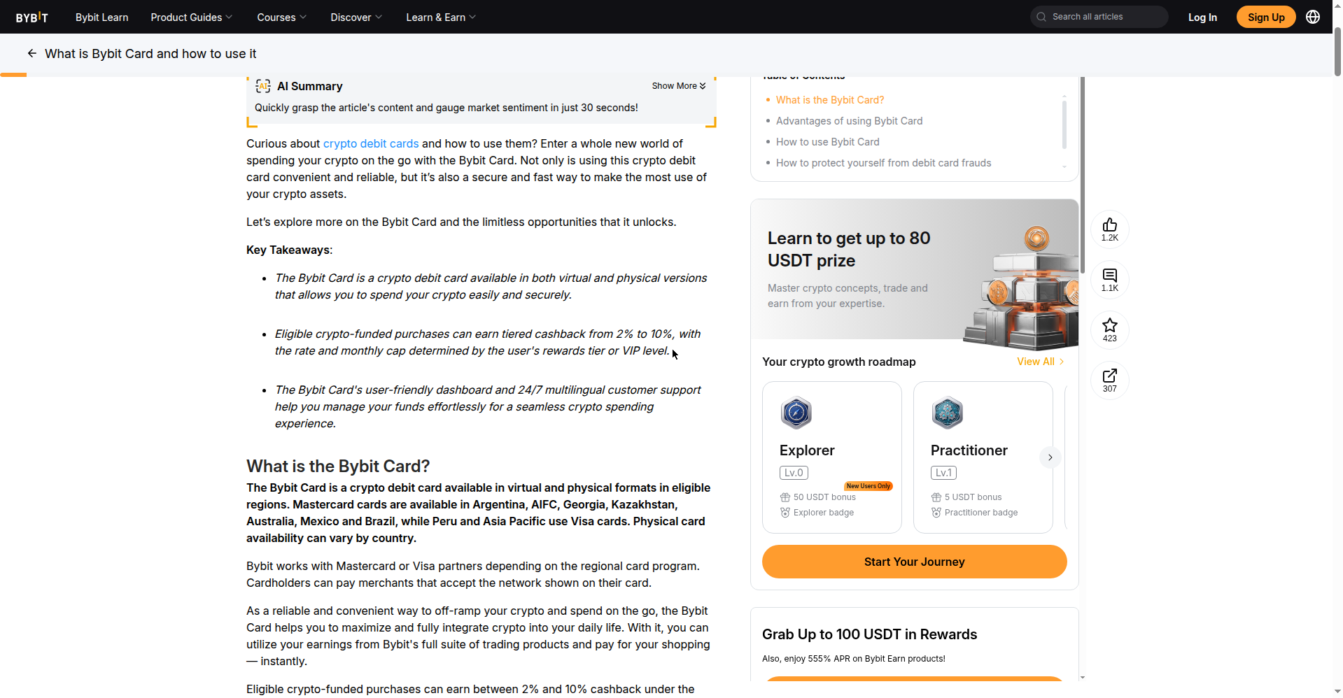 Bybit 官方 Learn 页:Mastercard 面向阿根廷/AIFC/格鲁吉亚/哈萨克斯坦/澳大利亚/墨西哥/巴西,秘鲁与亚太用 Visa(2026-10-15 实测截图)