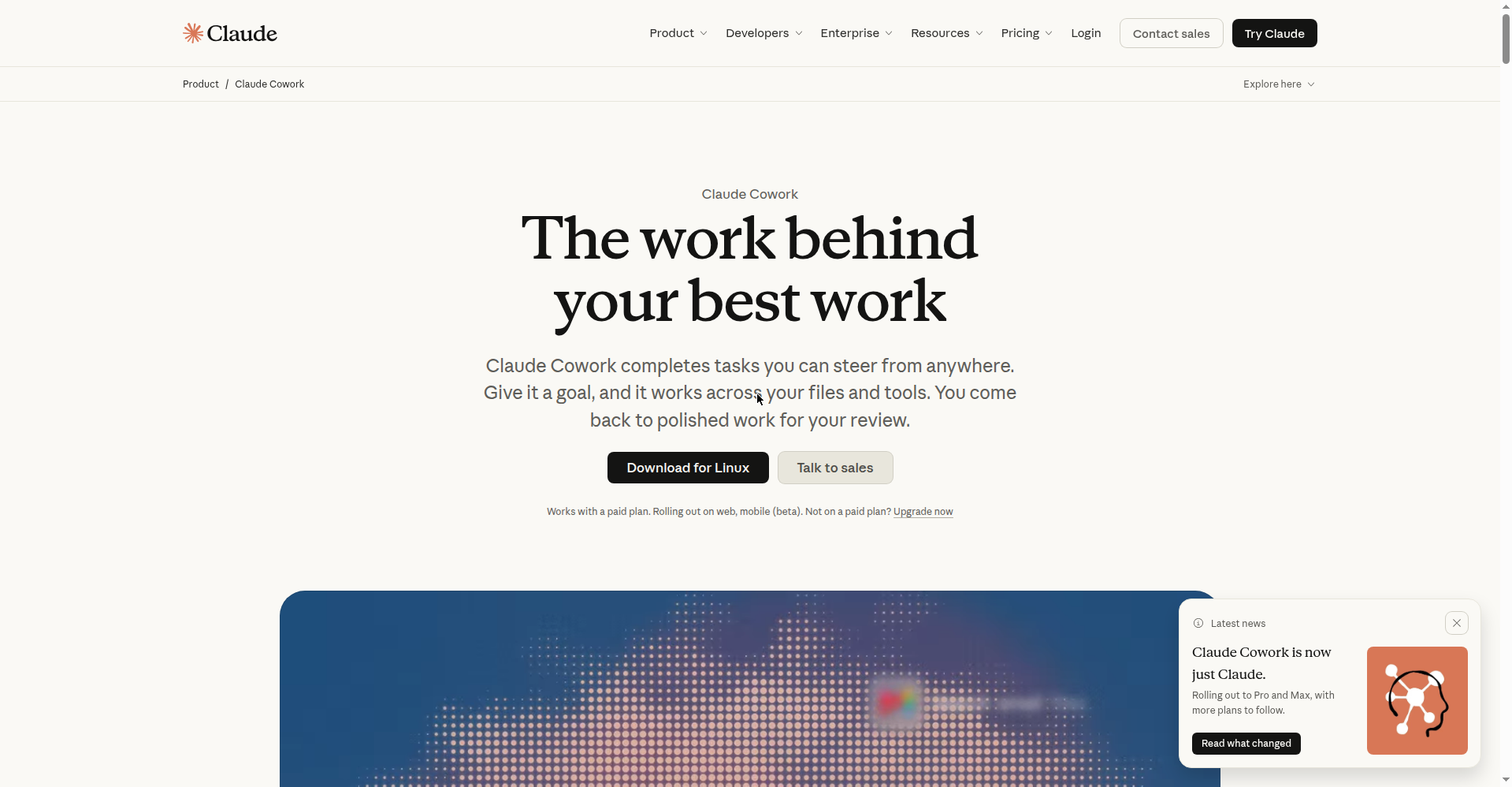 Claude Cowork 介绍页：代理式任务执行与可用计划