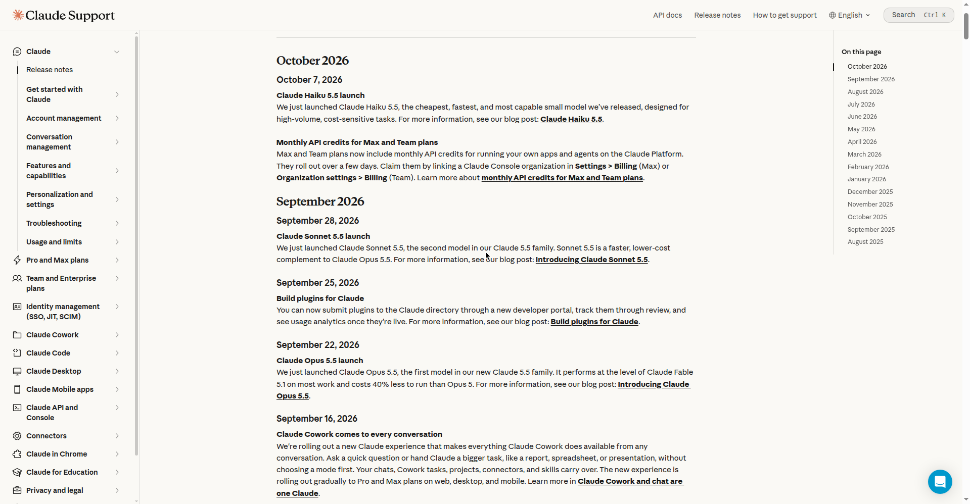 Claude 官方发布说明：2026 年 9–10 月条目（Opus 5.5、Sonnet 5.5、Haiku 5.5、Cowork 融入每个对话）