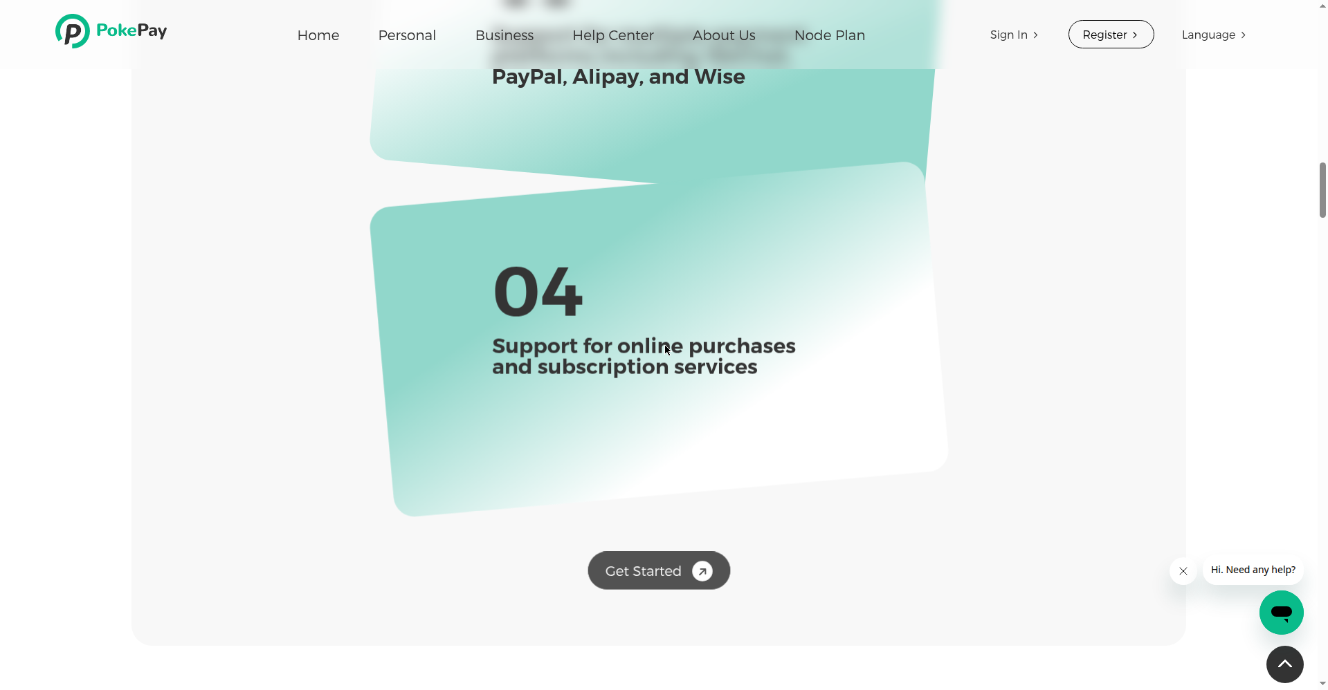 PokePay 官网产品页:虚拟卡支持的支付平台明确写着微信、PayPal、支付宝、Wise,未提及 Apple Pay(2026-10-11 公开页面实测截图)
