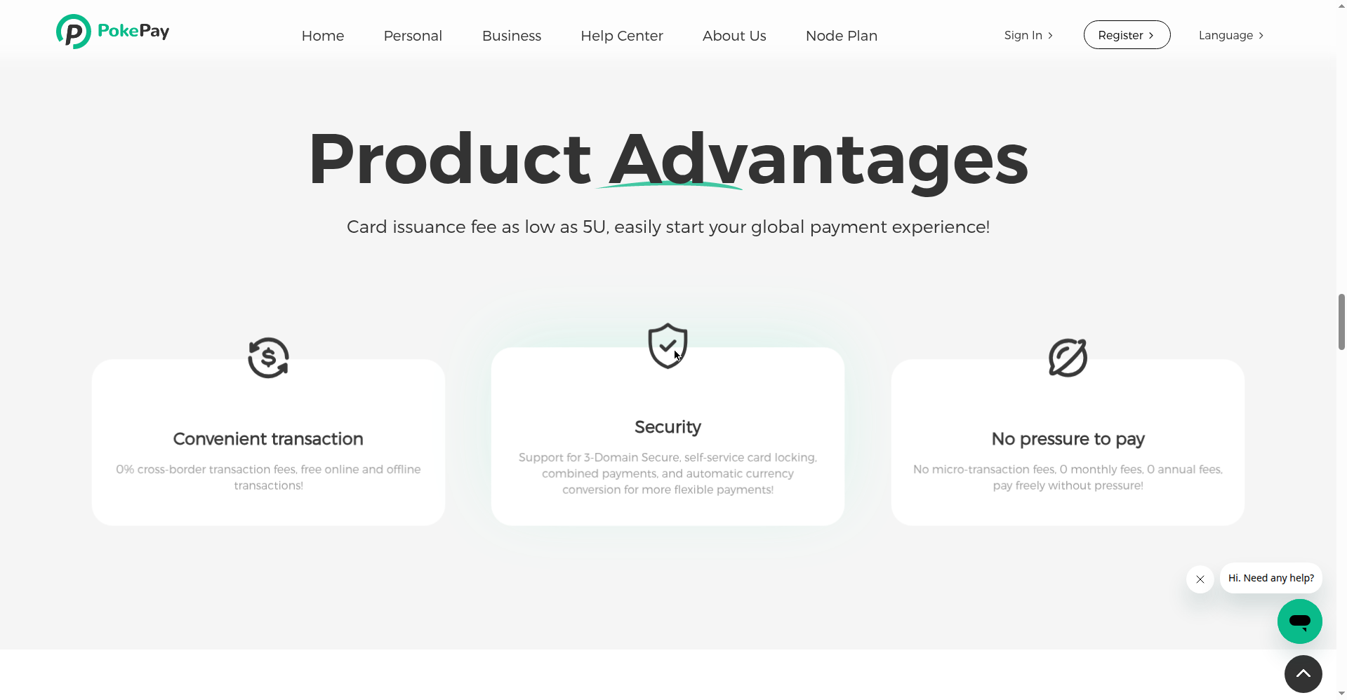 PokePay 官网 Personal 页：开卡费低至 5U，0 跨境交易费、0 月费 0 年费（2026-10-13 公开页面实测截图）