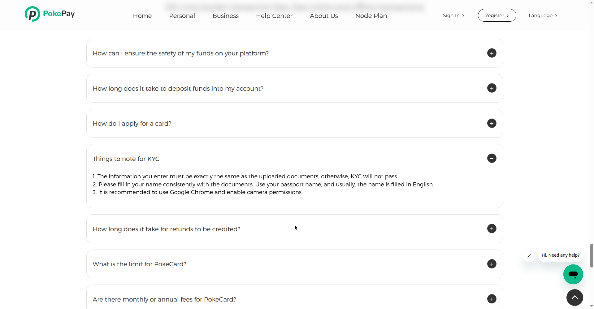 PokePay 官网 FAQ：KYC 三个注意事项（2026-10-13 公开页面实测截图）