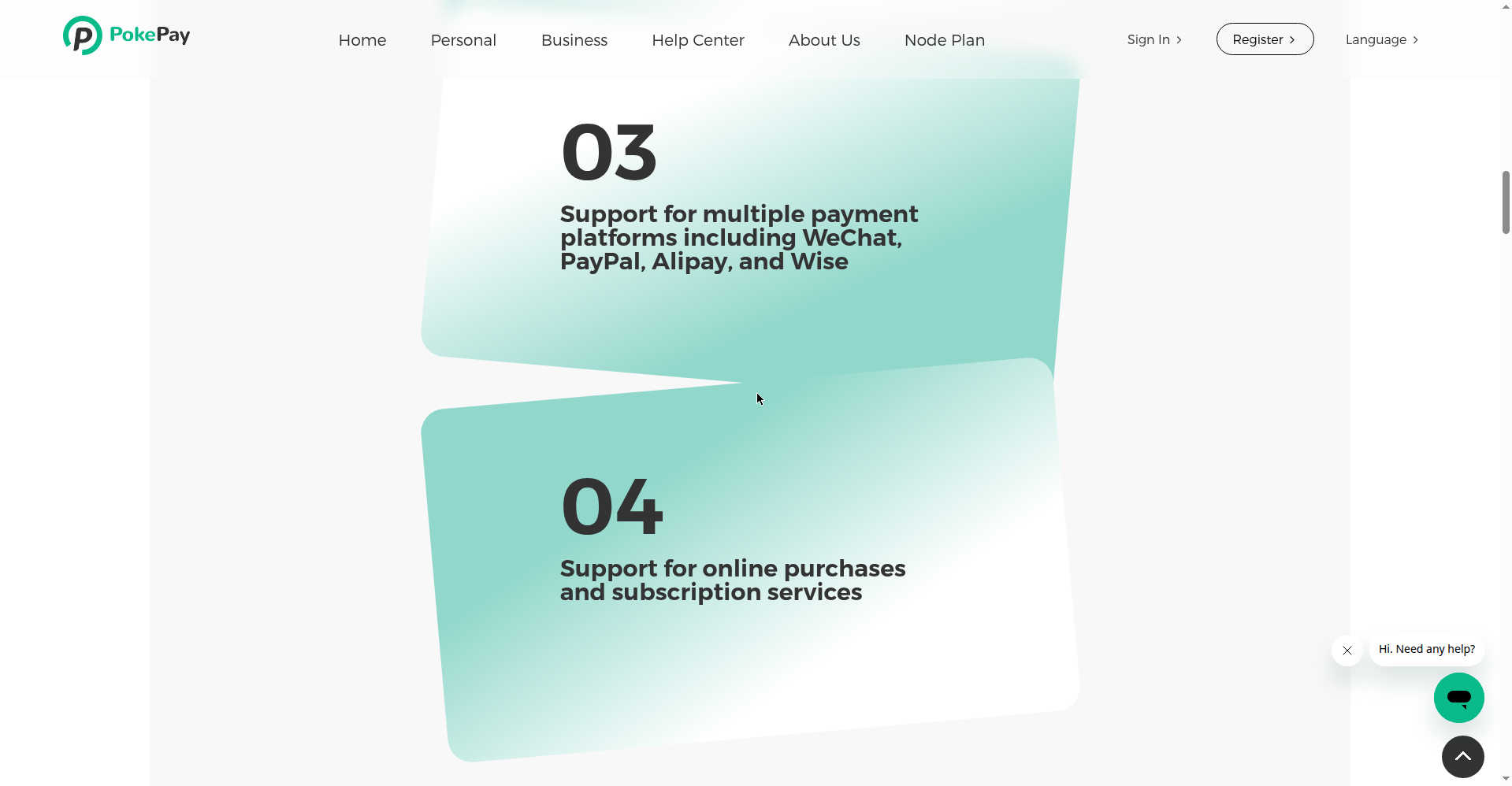 PokePay 官网产品页：虚拟卡支持的支付平台明确写着 PayPal（2026-10-12 公开页面实测截图）