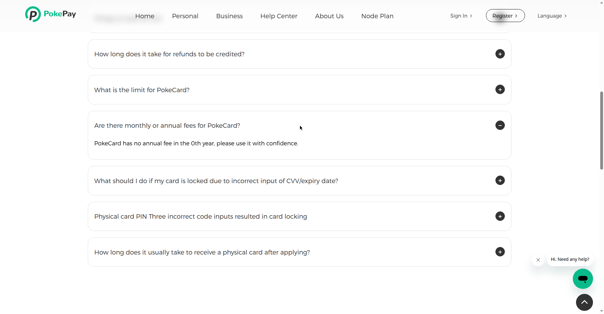 PokePay 官网 FAQ(2026-10-16 实测截图):PokeCard has no annual fee in the 0th year