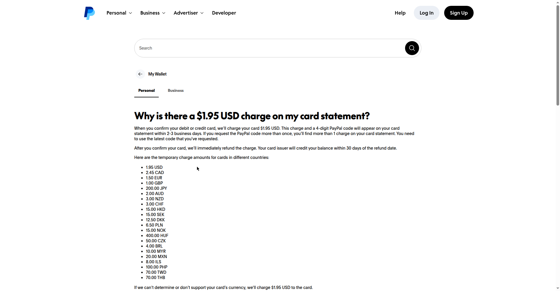PayPal 官方帮助中心:确认借记卡/信用卡时收取 1.95 USD 验证费,验证后退款(2026-10-12 公开页面截图,2026-10-16 已复核原文表述一致)